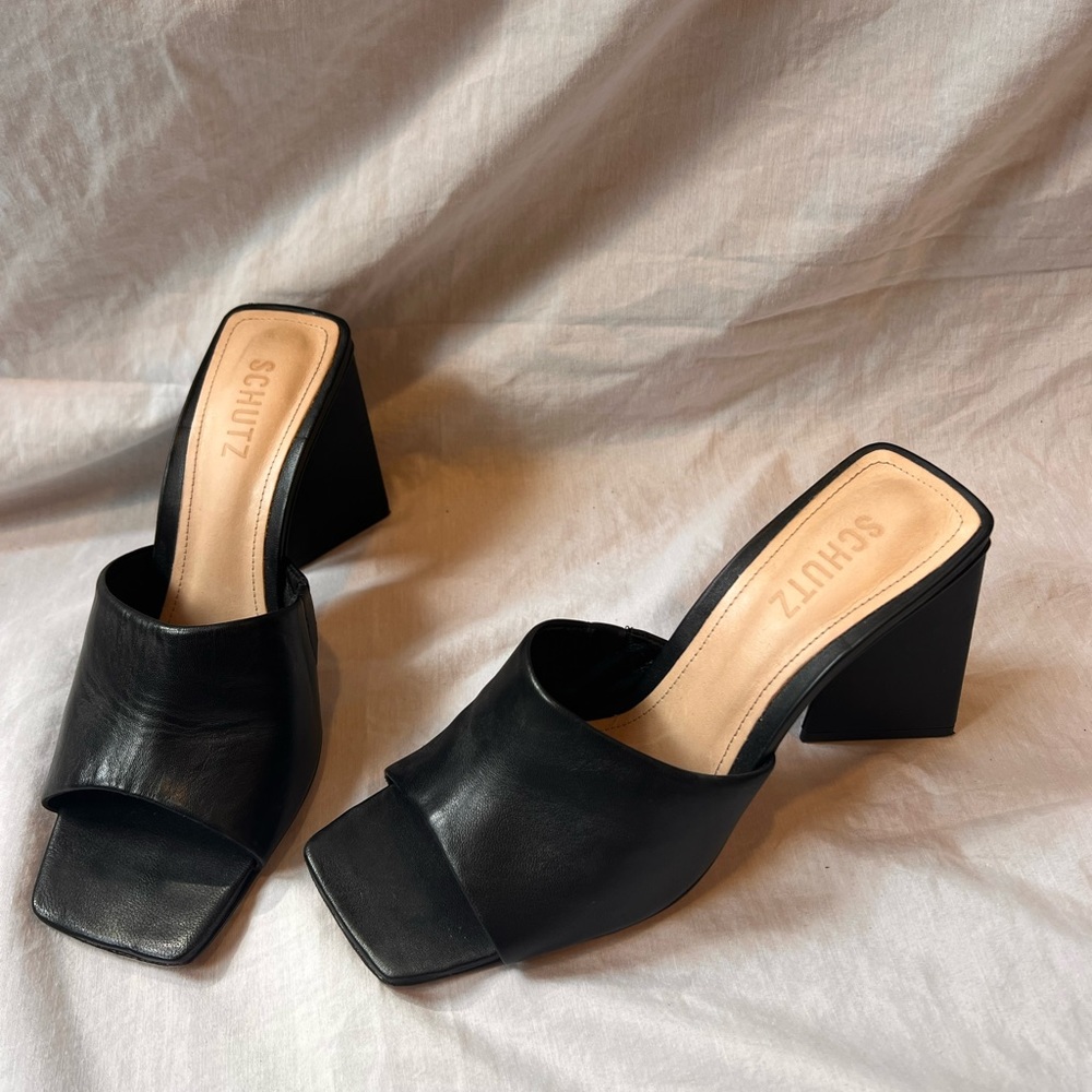 Only worn once!! Schultz Leather Black Heels